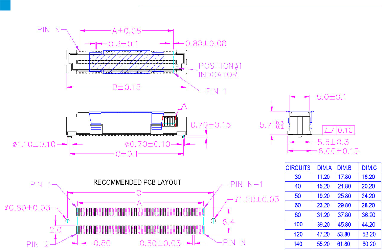 0,8 mm Tabula ad Board iungo -5.7mm Altitudo Male (4)